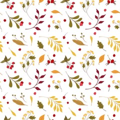 Autumn mood  flat vector seamless pattern.  Wind blown, floating yellow oak, maple leaves. Fall wildflowers and cranberry. Seasonal wild plants berries with lettering. Wallpaper, wrapping paper design