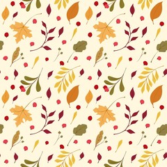 Autumn mood  flat vector seamless pattern.  Wind blown, floating yellow oak, maple leaves. Fall wildflowers and cranberry. Seasonal wild plants berries with lettering. Wallpaper, wrapping paper design
