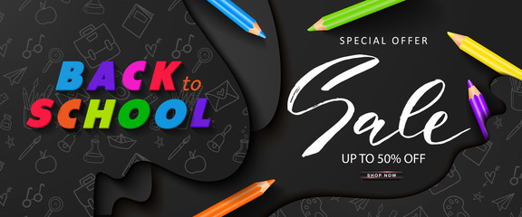 Back to school sale banner with colored pencils.Design for banner, flyer, invitation, poster, web site. Paper cut style, vector illustration