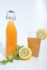 flasche und glas mit erfrischendem gesunden getränk mit zitrone eiswürfel und melisse
