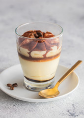 Classic tiramisu cake in a glass on concrete background. Layered mascarpone dessert cake.