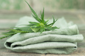 textile made of cannabis and green leaves wooden background