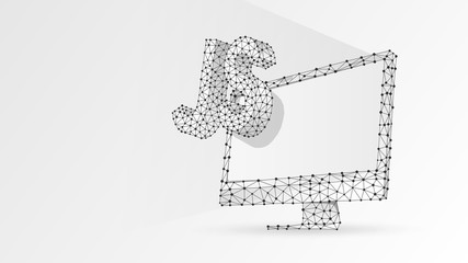 Java Script coding language sign on white computer monitor. Device, programming, developing concept. Abstract, digital, wireframe, low poly mesh, vector white origami 3d illustration. Line