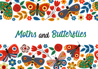 Fototapeta premium horizontal banner with butterflies and flowers - vector illustration, eps
