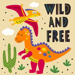 Fototapeta na wymiar poster with wild and free dinosaurs - vector illustration, eps