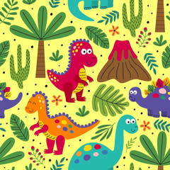 yellow seamless pattern with cute dinosaurs  - vector illustration, eps