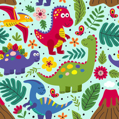 blue seamless pattern with cute dinosaurs  - vector illustration, eps © nataka