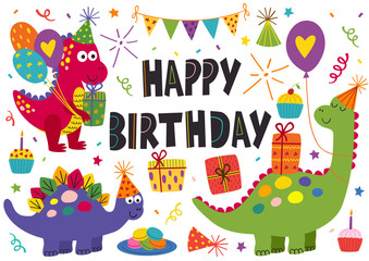 set of isolated cute dinosaurs for Happy Birthday design - vector illustration, eps