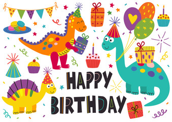 Estores personalizados con tu foto set of isolated cute dinosaurs Happy Birthday - vector illustration, eps