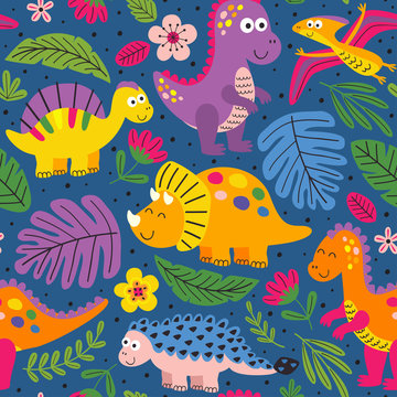 colorful seamless pattern with cute dinosaurs - vector illustration, eps