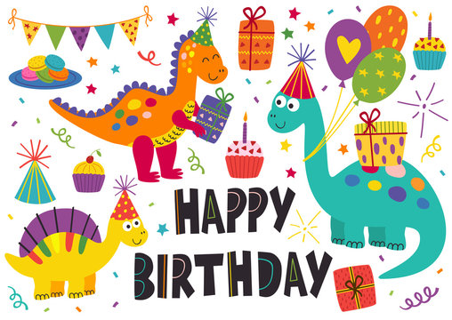 set of isolated cute dinosaurs Happy Birthday - vector illustration, eps