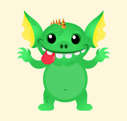 Cute little Kids Monster Vector mascot Template. Halloween green gremlin or troll. Design for print, party decoration, t-shirt, emblem, sticker.