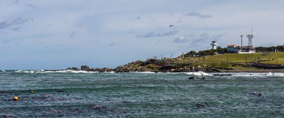 Panorama of Bay of Cape Ganjeolgot with Cliffs, Lighthouse and Monuments. Easternmost Point of Peninsula in Ulsan, South Korea. Asia