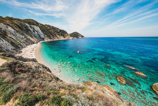Italy, island of Elba panoramic view of beautiful beach, called Sansone, Tuscany.