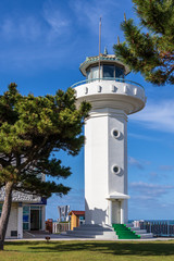 Detail view on main Ganjeolgot Lighthouse, upper direction light near coast. Easternmost Point of Peninsula in Ulsan, South Korea. Asia