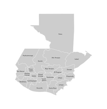 Vector isolated illustration of simplified administrative map of Guatemala; Borders and names of the departments (regions). Grey silhouettes. White outline