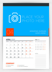 Wall calendar planner template for April 2020. Week starts on Monday. Typographic design template. Vector illustration