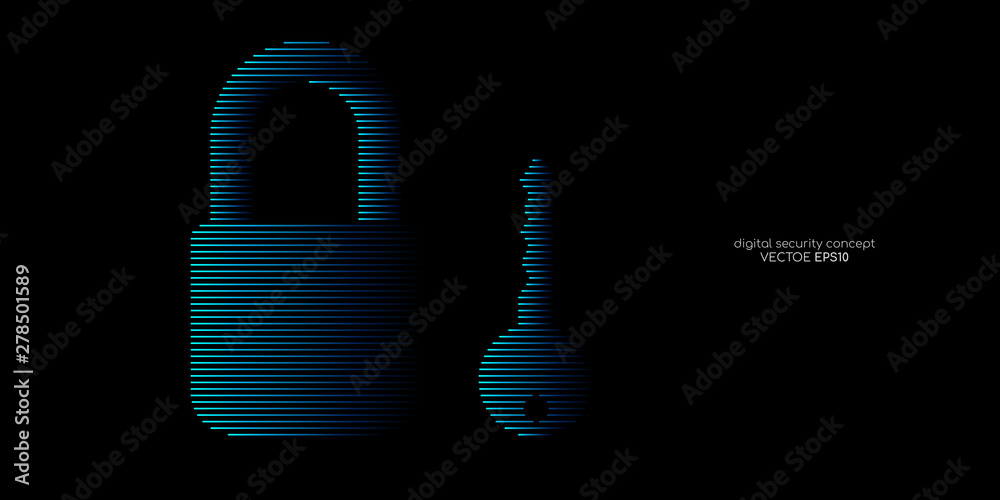 Poster security concept key and padlock line pattern blue color isolated on black background. vector illust