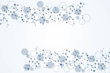 Science network pattern, connecting lines and dots. Technology hexagons structure or molecular connect elements.