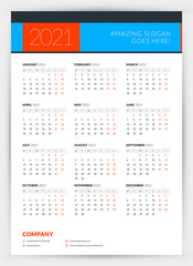 Calendar for 2021 year. Week starts on Monday. Printable vector stationery design template