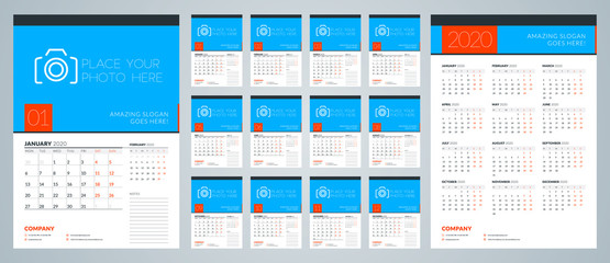 Wall calendar template for 2020 year. Week starts on Monday. Vector illustration