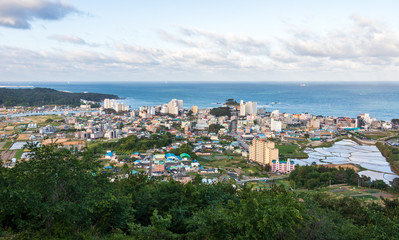 Naklejka na ściany i meble Panorama of Landscape, City Skyline and coastline of Seosaeng. Ulju County, Ulsan, South Korea, Asia.