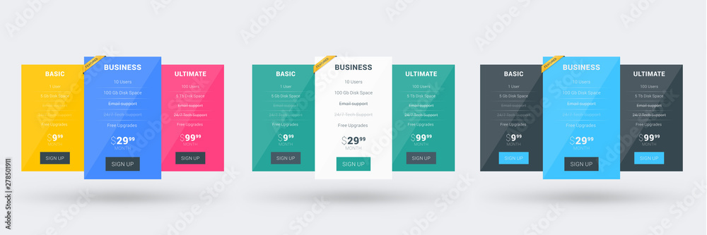 Wall mural pricing table color variations. pricing plans template for websites and applications. vector illustr