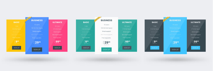 Pricing table color variations. Pricing plans template for websites and applications. Vector illustration