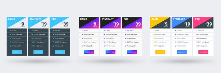 Pricing table color variations. Pricing plans template for websites and applications. Vector illustration