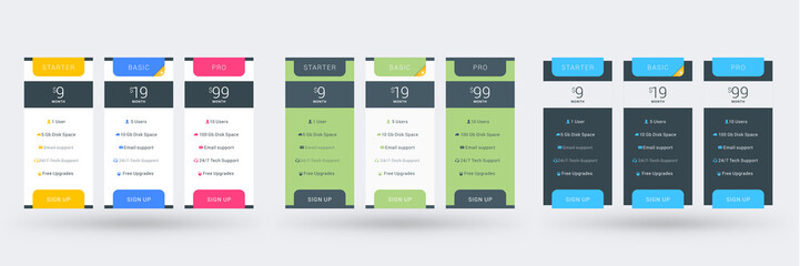 Pricing table color variations. Pricing plans template for websites and applications. Vector illustration