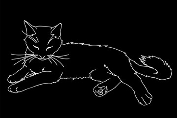 Cute realistic cat laying. Vector illustration of kitty isolated on black background. Element for your design, print, sticker. Black cat in simple sketch style. Lineart and silhouette. White lines