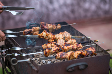 Cooking shashlik on the mangal in nature. Selective focus.