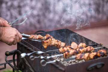 Cooking shashlik on the mangal in nature. Selective focus.