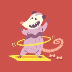 Cute possum doing exercises with hula hoop vector cartoon character isolated on background.