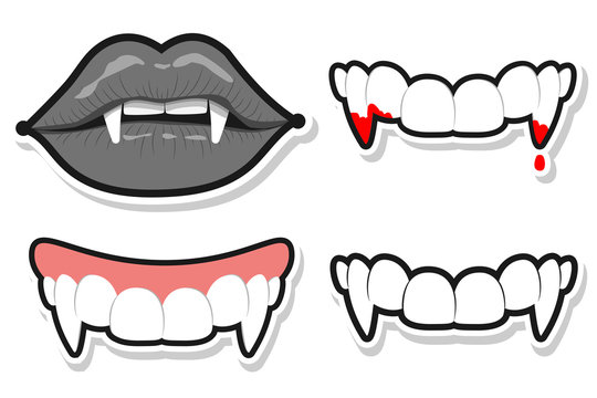 Vampire teeth and lips for Halloween. Vector cartoon set isolated on a white background.