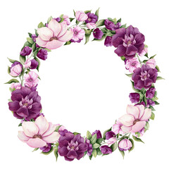 Fototapeta na wymiar Round Wreath with Watercolor Flowers