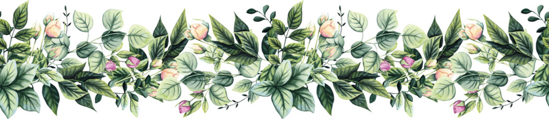 Seamless Border of Watercolor Lush Foliage