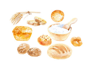 Watercolor illustration of wheat ears, various buns, bread and sour cream in a bowl . Isolated on white background