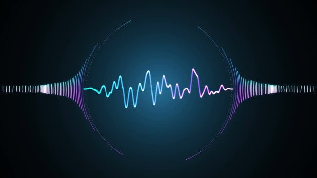 Sound visualization. Wavy lines. Round interface. Abstract motion background. Neon light. 4K