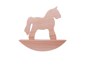 Simple wooden rocking horse toy, horse figure on a stand isolated on white background, trojan horse...