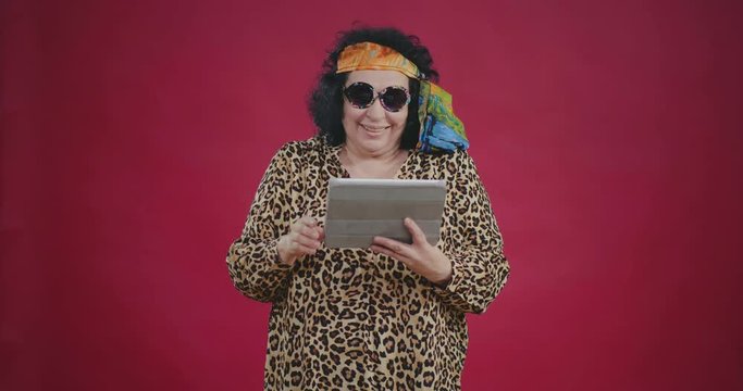 adult bright woman communicates via video link