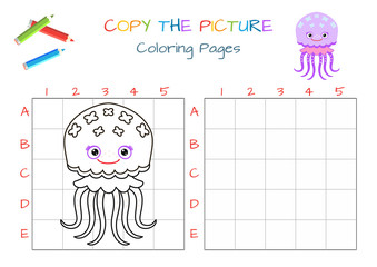 Funny little jellyfish. Educational game for children. Copy the picture. Coloring book. Cartoon vector illustration