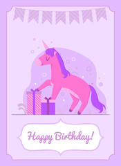 Colorful birthday card happy unicorn standing on the gift
