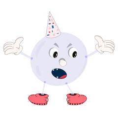 Funny cartoon bubble in a festive cap with eyes, hands, feet and mouth spreads his hands to the side.