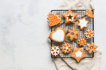 Christmas gingerbread background cookies  on white texture  happy new year holiday concept