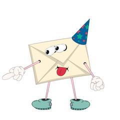 A funny cartoon yellow letter in a festive cap with eyes, arms, legs and mouth is teased and shows an indecent gesture with a finger.