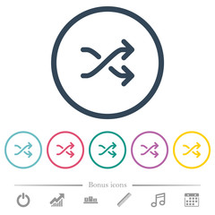 Media shuffle flat color icons in round outlines