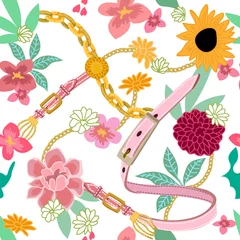 Wallpaper murals Floral element and jewels Beautiful print with belts and golden chains.