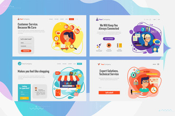Obraz na płótnie Canvas Responsive landing page and one page website design template mockups collection for shopping, customer and technical support and call center businesses. Flat style vector illustration web page set