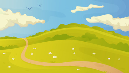 Bright summer vector landscape with trail in the grass and clouds on blue sky